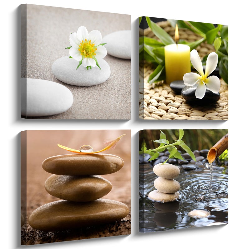 NAN Wind Zen Canvas Wall Art Spa Still Life with Green Bamboo Fountain and Zen Stone Jasmine Flower Painting Pictures for Home Decoration Modern Painting Wall Decor Canvas - Image 2